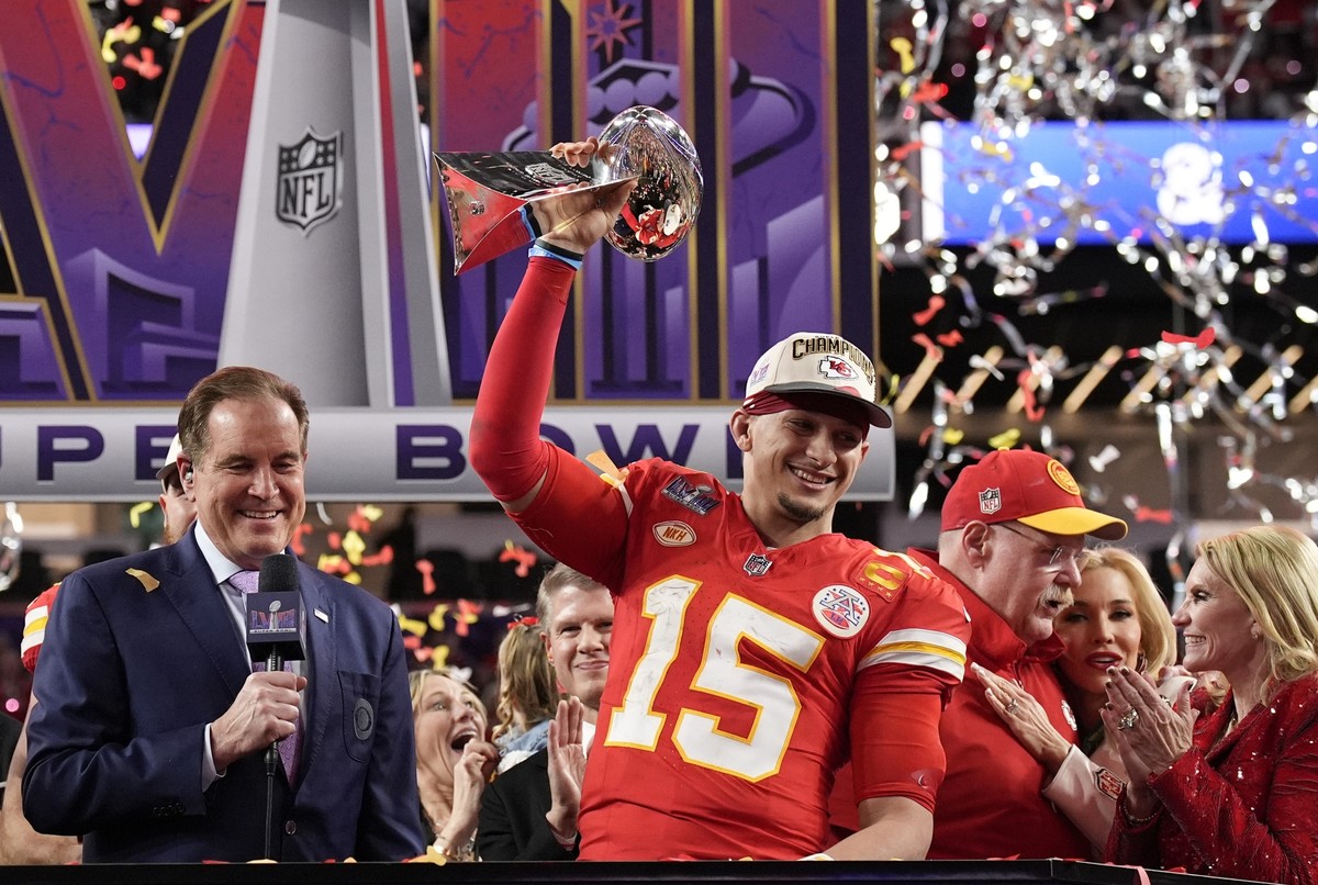 Kansas City Chiefs quarterback Patrick Mahomes (15) celebrates after the NFL Super Bowl 58 football game against the San Francisco 49ers, Sunday, Feb. 11, 2024, in Las Vegas. The Kansas City Chiefs wo ...