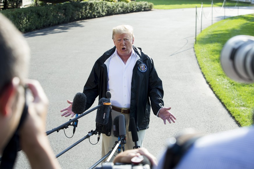 epa07032219 US President Donald J. Trump delivers remarks on his Supreme Court nominee Brett Kavanaugh and his disappointment in US Attorney General Jeff Sessions, to members of the news media on the  ...