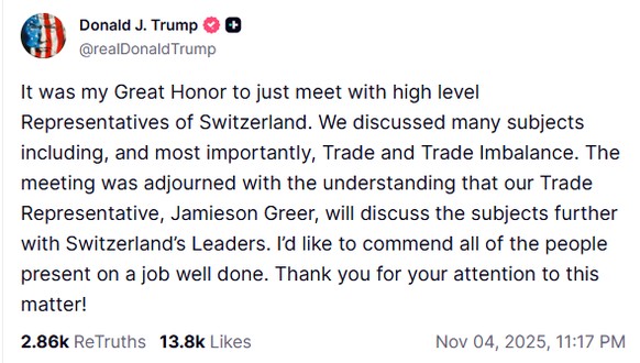 Donald Trumps Post zu den Verhandlungen mit der Schweiz.