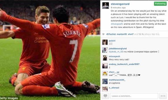 Steven Gerrards emotionale Verabschiedung von Luis Suarez auf Instagram.