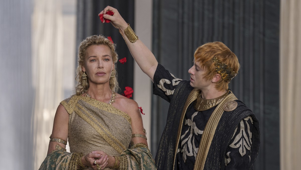 This image released by Parm,ount Pictures shows Connie Nielsen, left, and Joseph Quinn in a scene from "Gladiator II." (Aidan Monaghan/Paramount Pictures via AP)