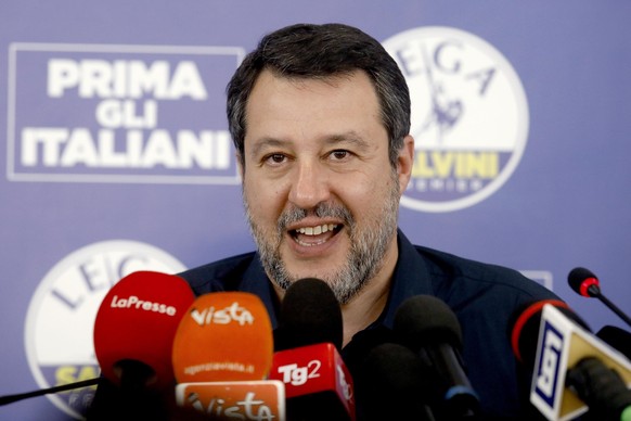 epa11401712 Italy&#039;s League party leader and deputy Prime Minister Matteo Salvini holds a press conference on the outcome of the European elections, in Milan, northern Italy, 10 June 2024. The Eur ...