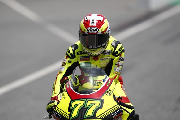 Moto2 rider Dominique Aegerter of Switzerland rides his KTM during the Catalunya Motorcycle Grand Prix at the Barcelona Catalunya racetrack in Montmelo, near Barcelona, Spain, on Sunday, June 17, 2018 ...