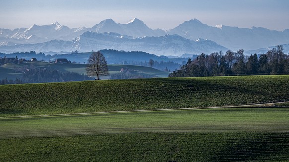 Blick von Affoltern im Emmental, in die Berner Alpen, mit Eiger, Moench und Jungfrau, am Donnerstag 1. April 2021. (KEYSTONE /Marcel Bieri)