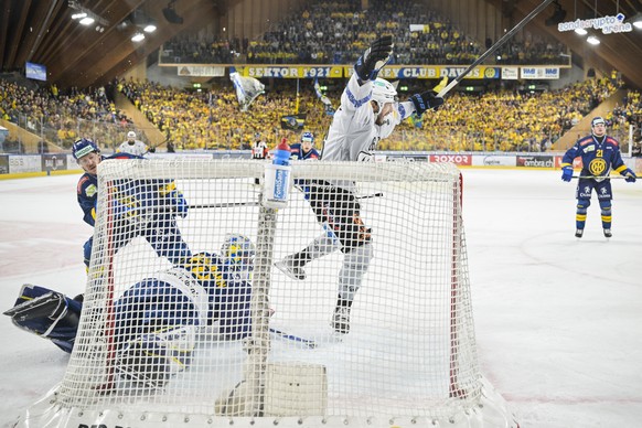 Julien Sprunger (HCFG) bejubelt das 0-3 von Jan Dorthe (nicht im Bild) gegen Torhueter Sandro Aeschlimann (HCD) im fuenften Eishockey Playoff Finalspiel der National League zwischen HC Davos (HCD) und ...