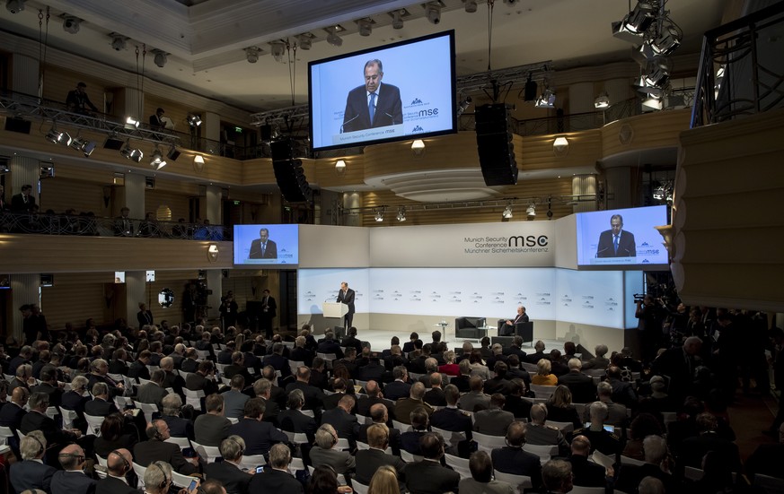 Russia&#039;s foreign minister, Sergey Lavrov, speaks at the Security Conference in Munich, Germany, Saturday, Feb. 17, 2018. (Sven Hoppe/dpa via AP)