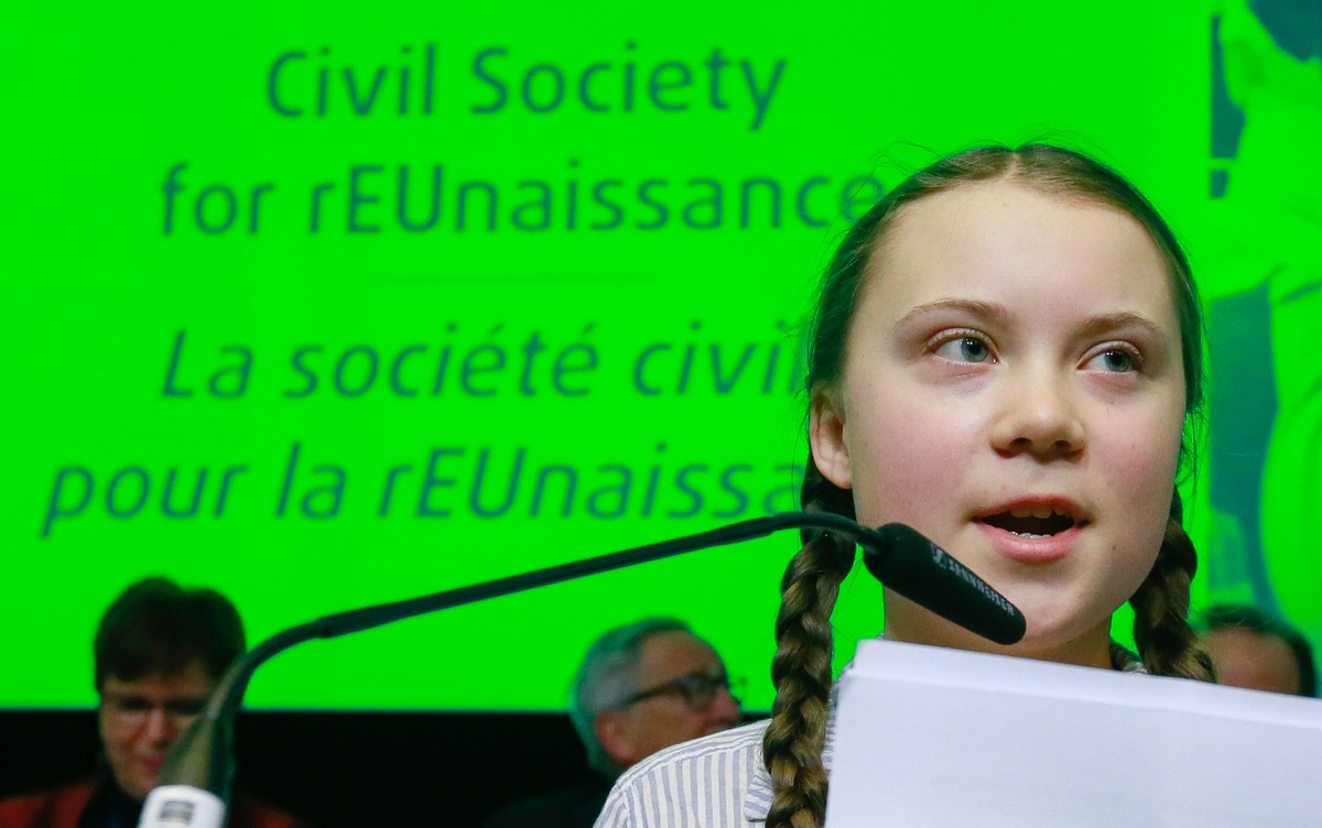 epa07384686 Sixteen year-old Swedish climate activist Greta Thunberg speaks during the European Economic and Social Committee (EESC) event; 'Civil Society for rEUnaissance' in Brussels, Belg ...
