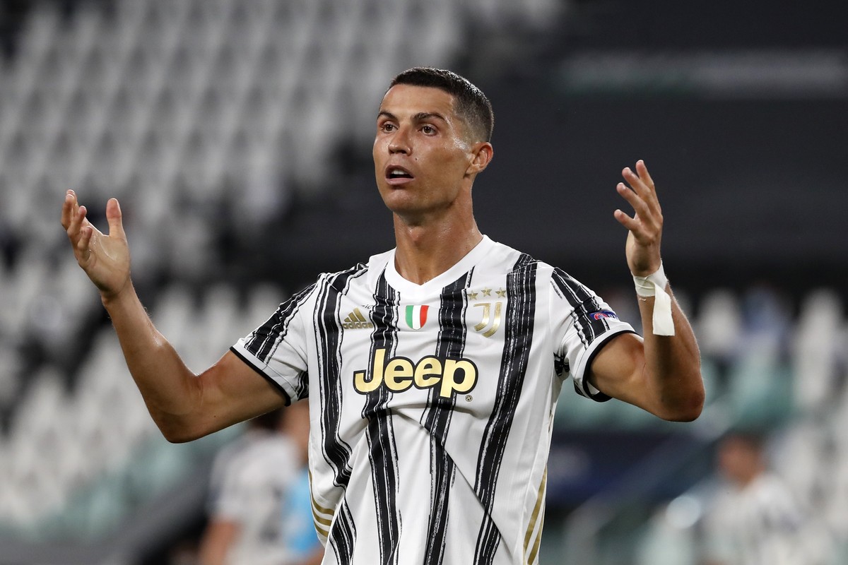 Juventus' Cristiano Ronaldo reacts during the Champions League round of 16 second leg, soccer match between Juventus and Lyon at the Allianz stadium in Turin, Italy, Friday, Aug. 7, 2020. (AP Pho ...