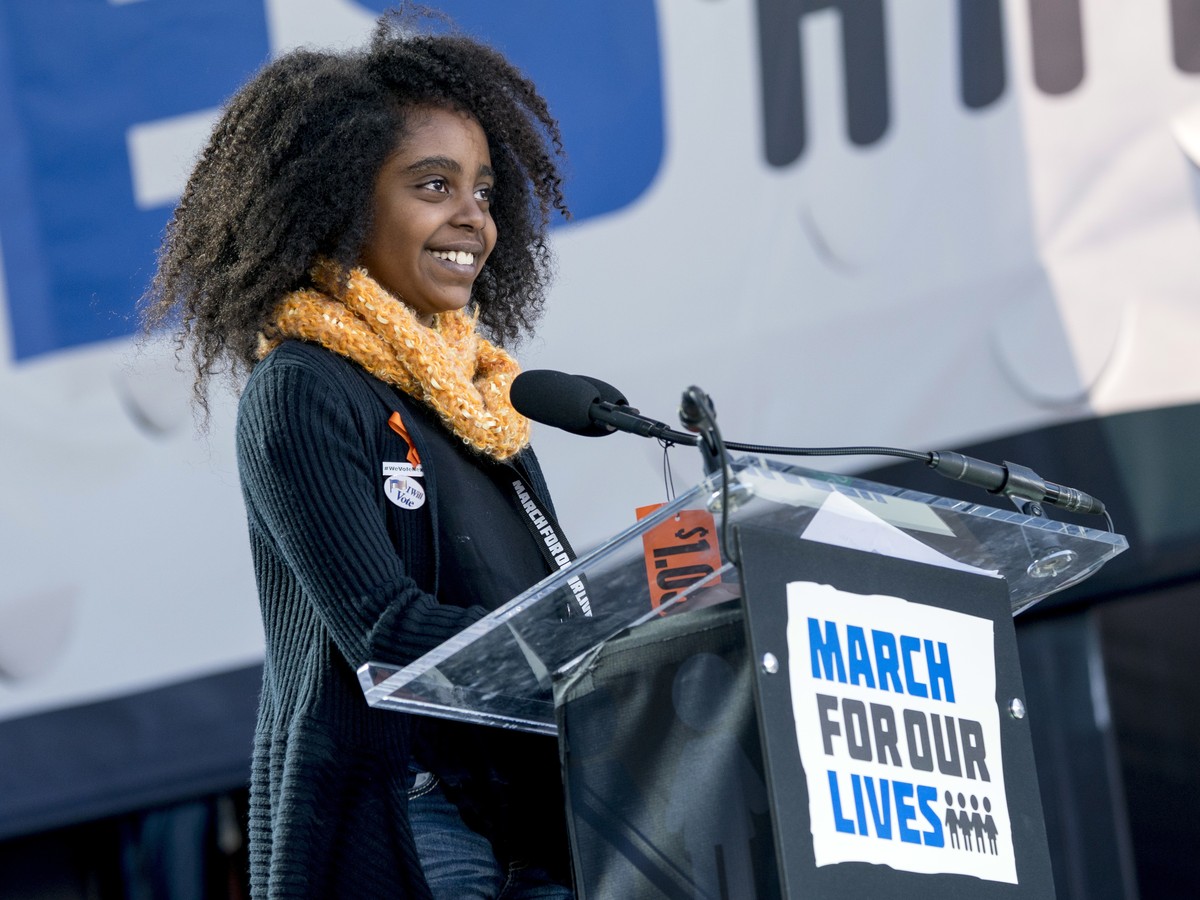 Naomi Wadler, 11, a student at George Mason Elementary School, who organized a school walkout at her school in Alexandria, Va., after the school shooting in Parkland, Fa., speaks during the "Marc ...