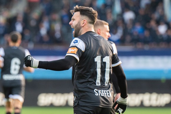 Renato Steffen (LUG), celebrates the 4-1 goal, during the Super League soccer match FC Lugano against FC Zurich, at the Cornaredo Stadium in Lugano, Sunday, November 24, 2024. (KEYSTONE/Ti-Press/Samue ...