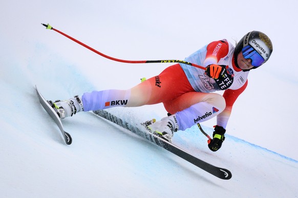 Delia Durrer of Switzerland in action during the women&#039;s Downhill race at the FIS Alpine Ski World Cup in Crans-Montana, Switzerland, Sunday, February 26, 2023. (KEYSTONE/Jean-Christophe Bott)