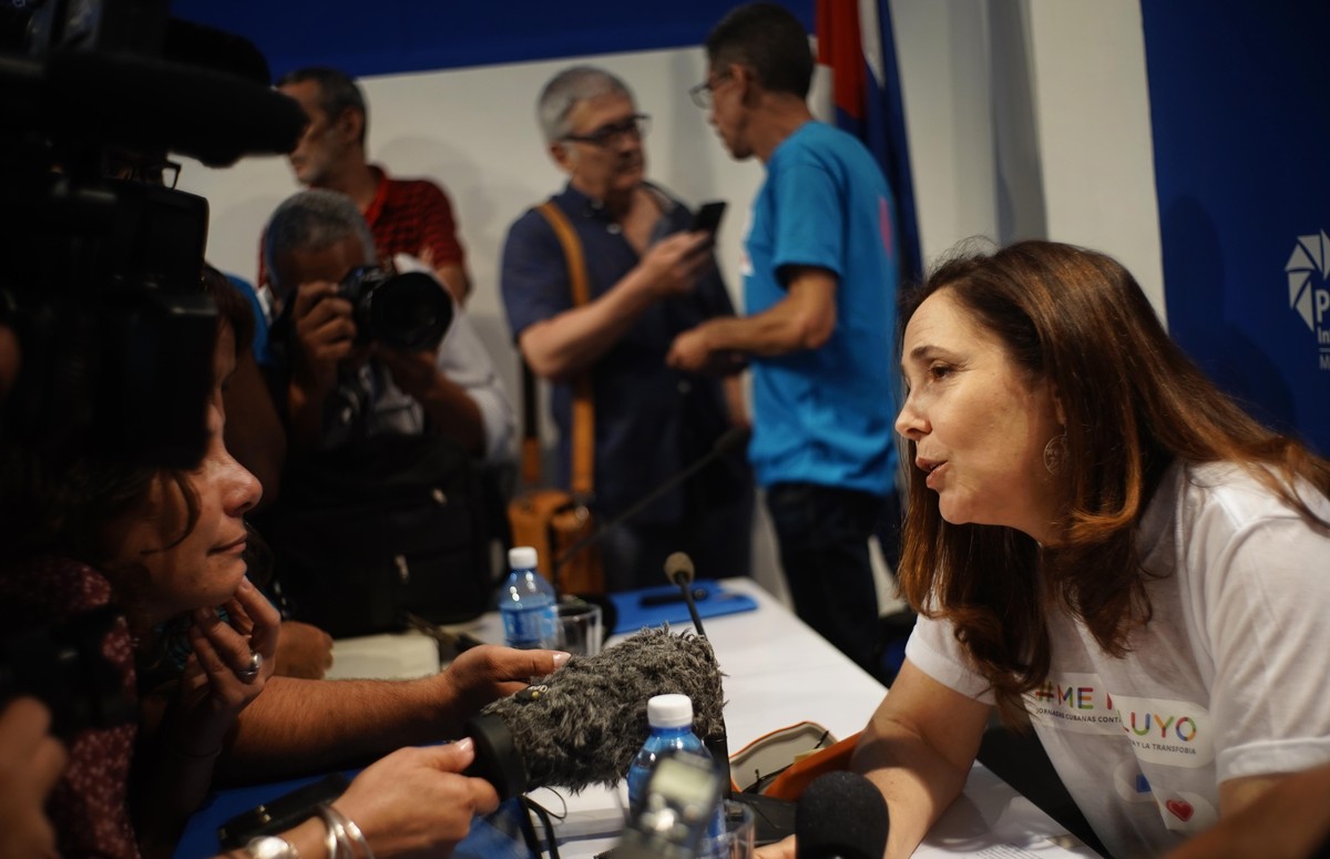 Mariela Castro, daughter of Raul Castro and director of Cuba's National Center for Sexual Education, talks with journalists at the end of a press conference, in Havana, Cuba, Friday, May 4, 2018. ...