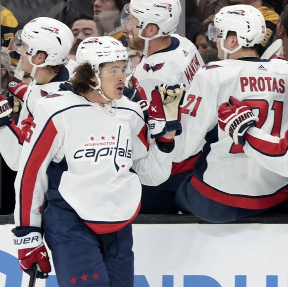 FOXBOROUGH, MA - SEPTEMBER 30: Washington Capitals right wing Sonny Milano 15 skates by the bench after giving the Capitals a 3-2 lead during a match between the New England Revolution and Charlotte F ...