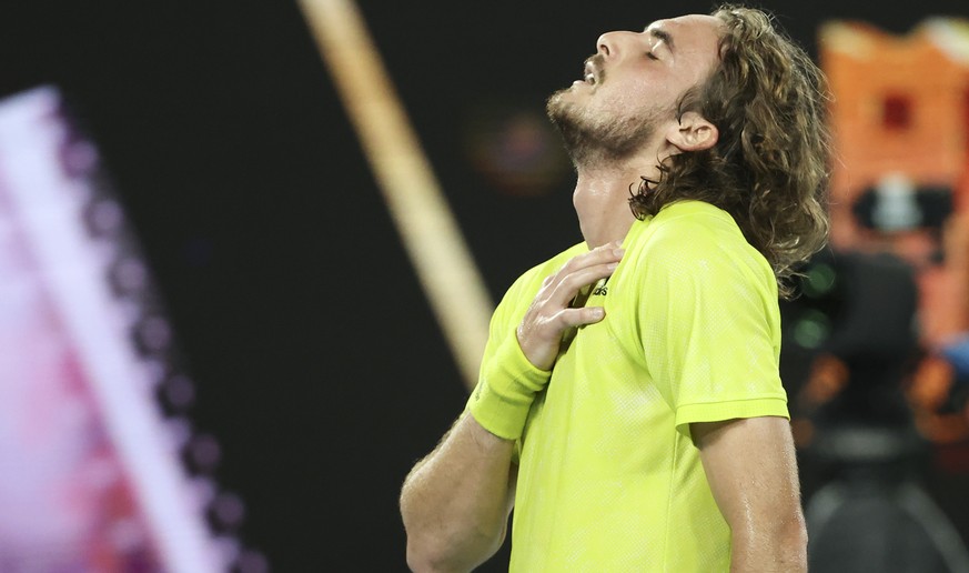 Greece&#039;s Stefanos Tsitsipas celebrates after defeating Spain&#039;s Rafael Nadal in their quarterfinal match at the Australian Open tennis championship in Melbourne, Australia, Wednesday, Feb. 17 ...