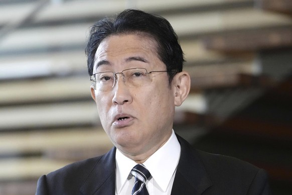 Japan?s Prime Minister Fumio Kishida speaks to reporters about a notification by North Korea, at his office in Tokyo Monday, May 29, 2023. North Korea has notified neighboring Japan that it plans to l ...