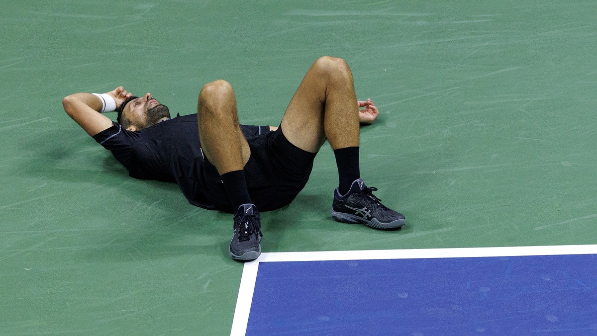 epa13201778 Novak Djokovic of Serbia reacts during his match against Mariano Navone of Argentina during the Men's Singles round one of the US Open Tennis Championships at the USTA Billie Jean Kin ...
