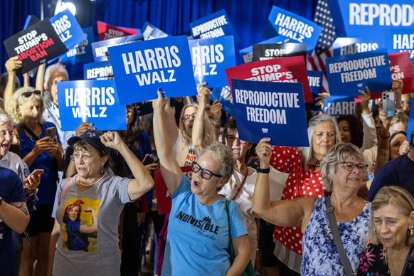 epa11582450 Local and national leaders gather during the launch of the Harris-Walz &#039;The Fighting for Reproductive Freedom&#039; Bus Tour, in Boynton Beach, Florida, USA, 03 September 2024. Accord ...