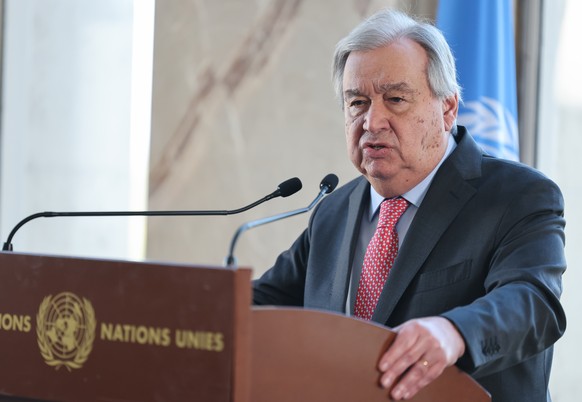 UN Secretary-General Antonio Guterres attends a press conference on the day of a meeting to discuss future of stalled peace talks over the divided island of Cyprus at the United Nations in Geneva, Swi ...