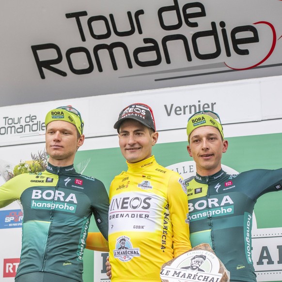 April 28, 2024, Geneva, Geneva, Switzerland: Geneva Switzerland, 04/28/2024: The overall podium of the Tour de Romandie 2024: CARLOS RODRIGUEZ CANO of Ineos Grenadiers 1st M, ALEKSANDR VLASOV of Bora  ...
