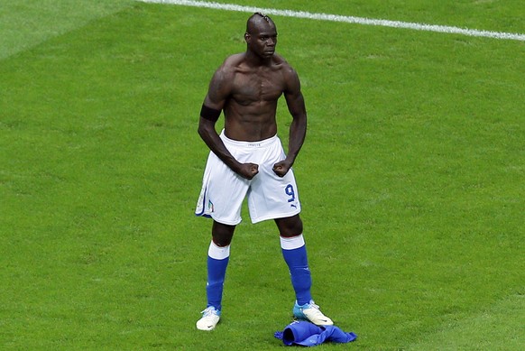 Italy&#039;s Mario Balotelli celebrates scoring his side&#039;s second goal during the Euro 2012 soccer championship semifinal match between Germany and Italy in Warsaw, Poland, Thursday, June 28, 201 ...