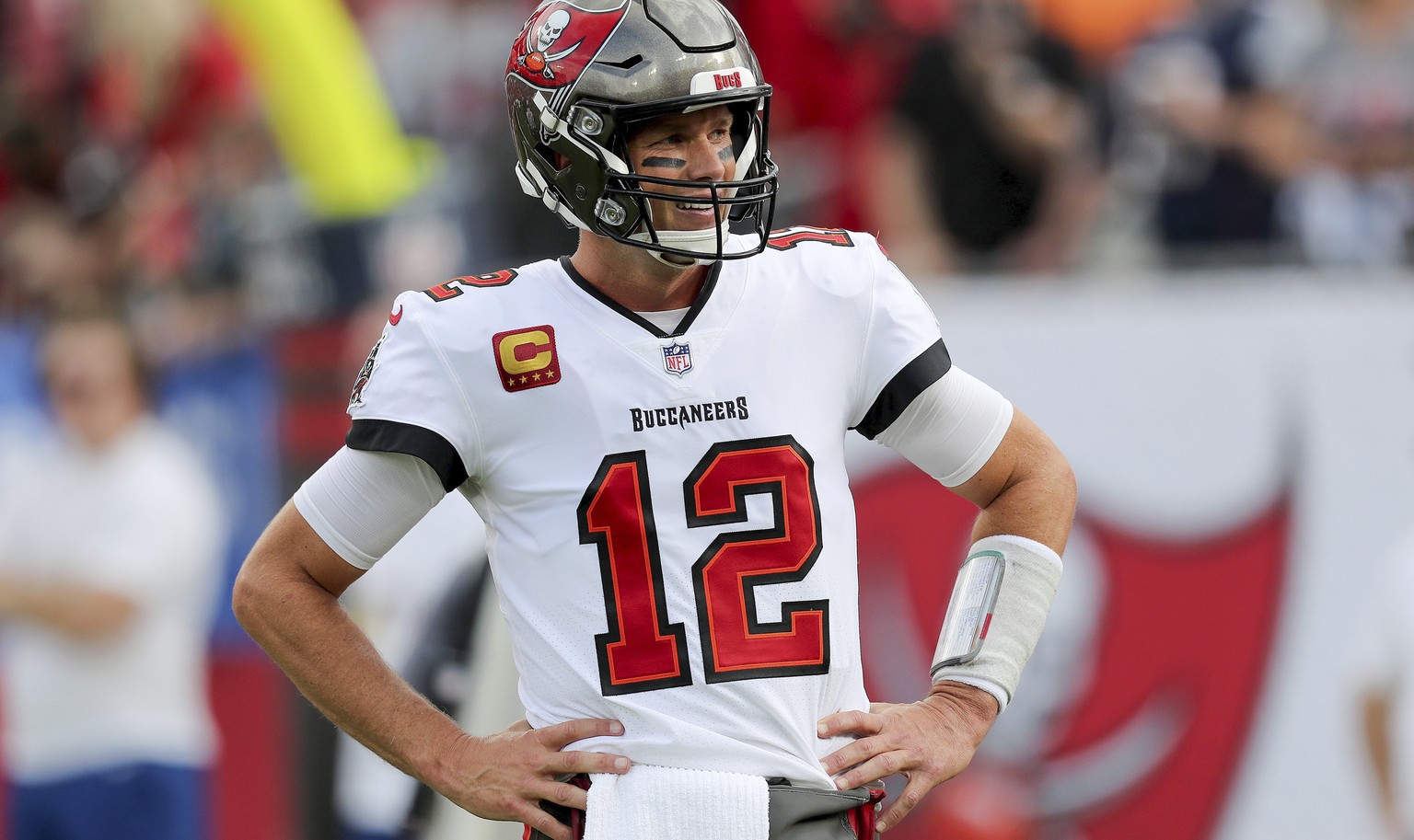 Tampa Bay Buccaneers quarterback Tom Brady (12) looks at the sideline for instructions during a NFL football game against the Carolina Panthers, Sunday, Jan. 9, 2022, in Tampa, Fla. The Buccaneers pla ...