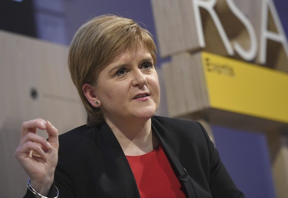 Scotland&#039;s First Minister Nicola Sturgeon speaks at the Royal Society of Arts in London, Monday, Oct. 15, 2018. Sturgeon plans to set out an alternative to the Brexit choices outlined by Britain& ...