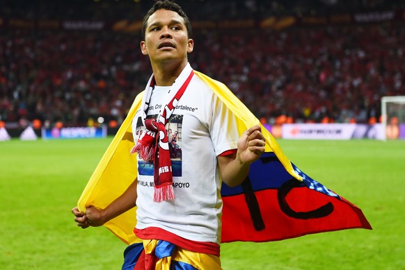 WARSAW, POLAND - MAY 27: Carlos Bacca of Sevilla celebrates victory after the UEFA Europa League Final match between FC Dnipro Dnipropetrovsk and FC Sevilla on May 27, 2015 in Warsaw, Poland. (Photo b ...