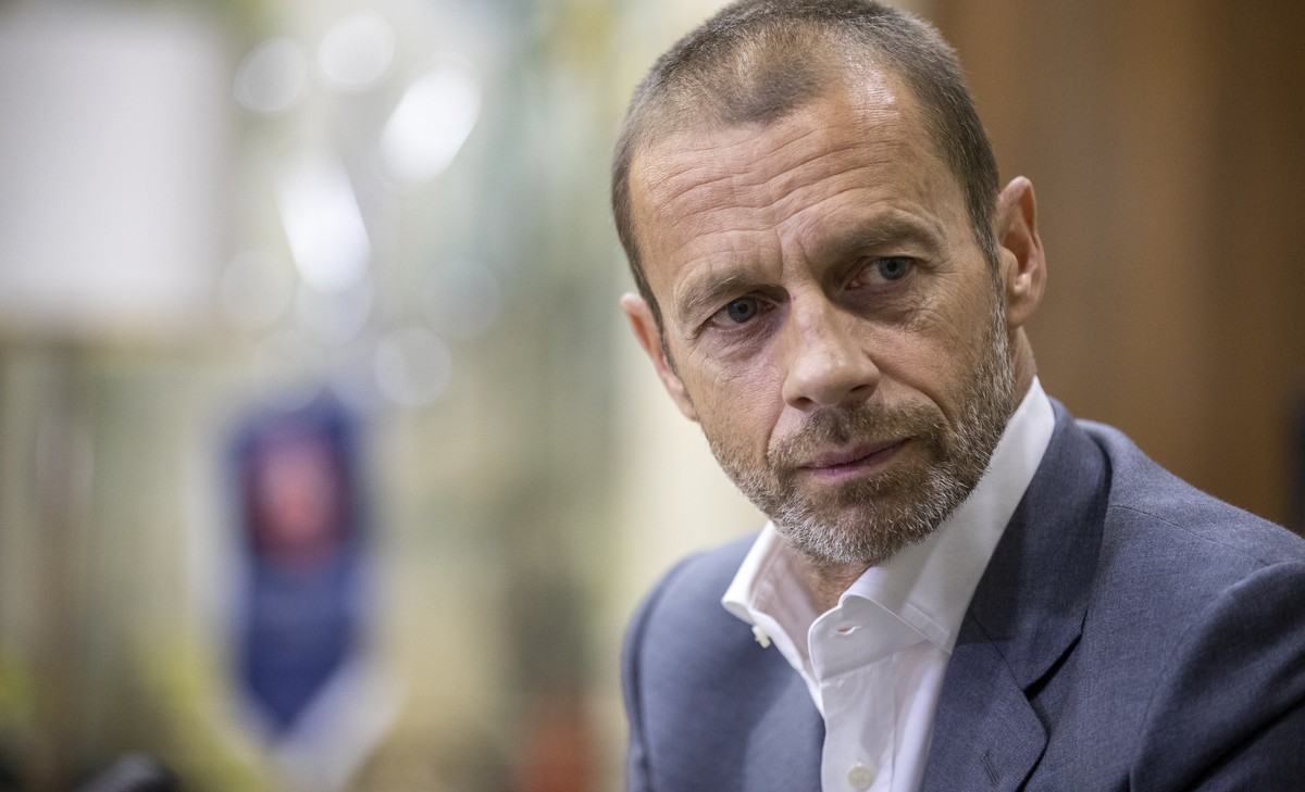 FILE- UEFA President Aleksander Ceferin during an interview with The Associated Press in Lisbon, Portugal, Aug. 23, 2020. Ceferin said his concerns about political interference in Albanian soccer elec ...