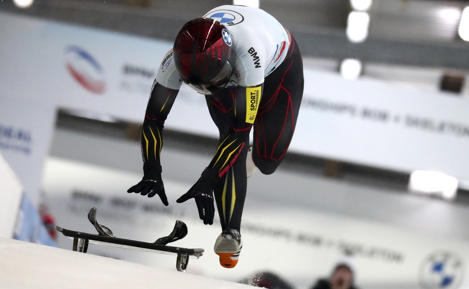 Kim Meylemans of Belgium starts during the women&#039;s skeleton race at the Bobsleigh and Skeleton World Championships in Altenberg, Germany, Thursday, Feb.11, 2021. (AP Photo/Matthias Schrader)