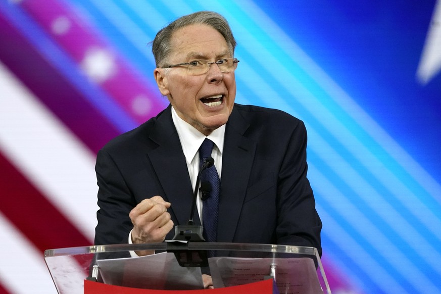 Wayne LaPierre, CEO of the National Rifle Association, speaks at the Conservative Political Action Conference (CPAC) Thursday, Feb. 24, 2022, in Orlando, Fla. (AP Photo/John Raoux)