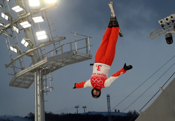 epa09744172 Alexandra Baer of Switzerland during Mixed Team Freestyle Skiing Aerials at the Zhangjiakou Genting Snow Park at the Beijing 2022 Olympic Games, Beijing municipality, China, 10 February 20 ...