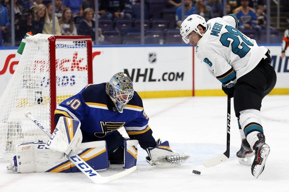St. Louis Blues goaltender Jordan Binnington (50) follows the puck as San Jose Sharks right wing Timo Meier (28), of Switzerland, moves in during the second period in Game 4 of the NHL hockey Stanley  ...