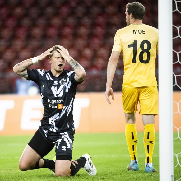 Lugano?s player Lars Lukas Mai and Bodo?s player Brede Moe, during the Conference League soccer match FC Lugano against Bodo Glimt, at the Letzigrund Stadium in Zurich, Thursday, September21, 2023. (K ...