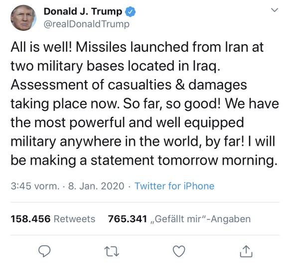 34 US-Soldaten erlitten traumatische Hirnverletzungen durch iranischen Luftangriff
âAll is wellâ

Was fÃ¼r ein Hohn fÃ¼r die Verletzten und ihre AngehÃ¶rigen.

https://mobile.twitter.com/reald ...