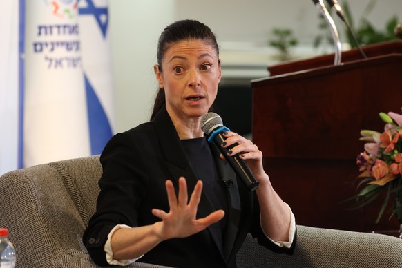 epa10252443 Leader of the Labor Party, Merav Michaeli speaks during an election conference of the Israeli Industrialists Association in Tel Aviv, Israel, 19 October 2022. Israelis are expected to head ...