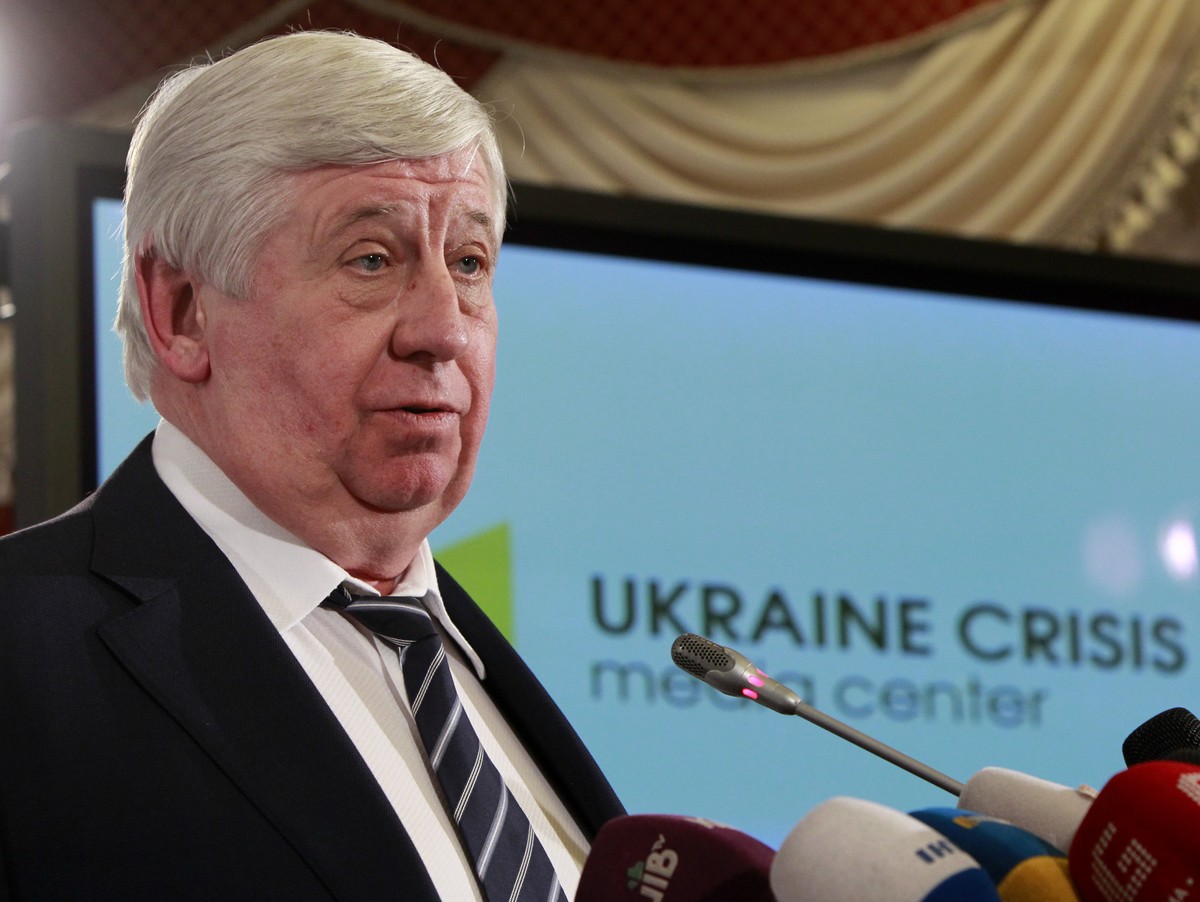 FILE - In this Feb. 16, 2015 file photo, General Prosecutor of Ukraine Viktor Shokin speaks during news conference in Kiev, Ukraine. Ukrainian authorities say a sniper shot at the country's top p ...