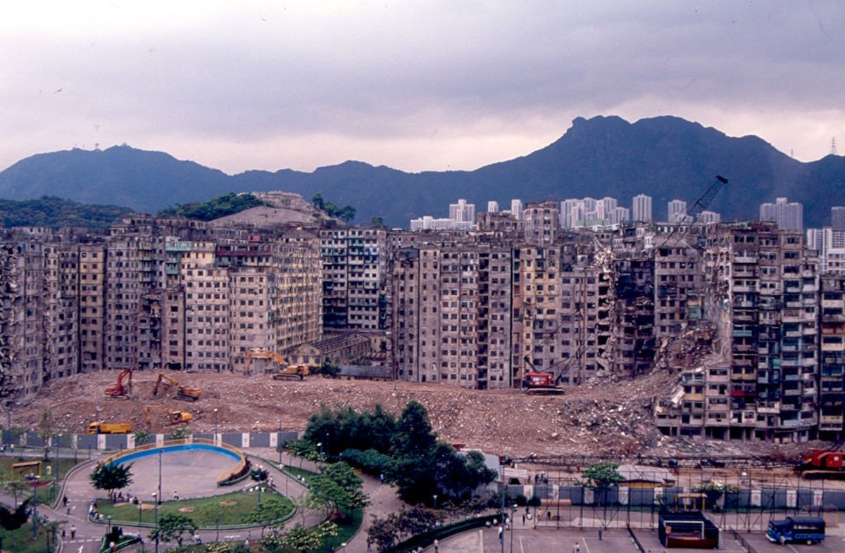Kowloon Walled City demolition with Lion Rock at the background. 30 April 1993 (Photo by Paul Lakatos/South China Morning Post via Getty Images)