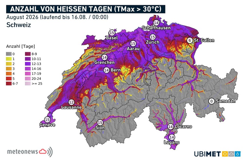 Meteonews Anzahl heisse Tage, August 2026.
