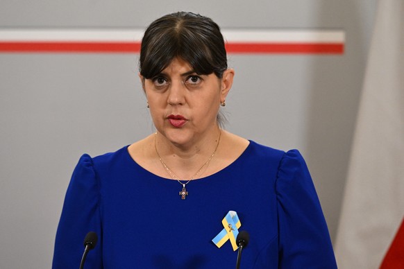 epa11112558 European Chief Prosecutor Laura Codruta Kovesi during a press conference after her meeting with the Polish Minister of Justice at the headquarters of the Polish Ministry of Justice in Warsaw, Poland, 29 ja...