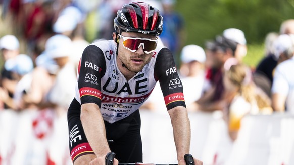 Marc Hirschi from Switzerland of UAE Team Emirates reacts after the fifth stage, a 193 km race from Ambri to Novazzano, at the 85th Tour de Suisse UCI ProTour cycling race, on Thursday, June 16, 2022. (KEYSTONE/Gian Ehrenzeller)