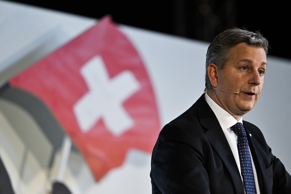 Parteipraesident Marco Chiesa, an der Delegiertenversammlung der SVP Schweiz, am Samstag, 9. April 2022, in der Stadthalle in Chur. (KEYSTONE/Gian Ehrenzeller)