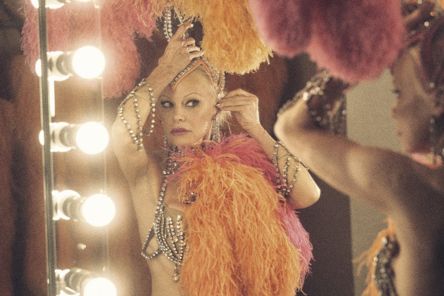 This image released by Roadside Attractions shows Pamela Anderson in a scene from &quot;The Last Showgirl.&quot; (Zoey Grossman/Roadside Attractions via AP)