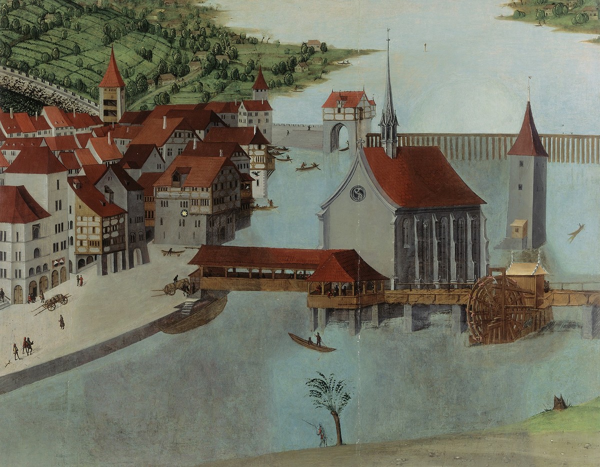 Ausschnitt aus dem Tafelgemälde Dreifaches Martyrium der Zürcher Stadtheiligen Felix, Regula, Exuperantius um 1500. Nach der Reformation wurde das Gemälde 1566 übermalt und der Wellenbergturm (rechts) ...