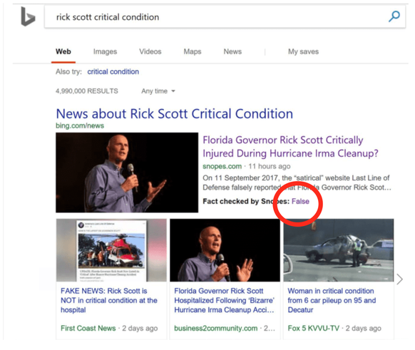 Mit dem Label «False» werden nun auch auf Bing Fake News entlarvt.