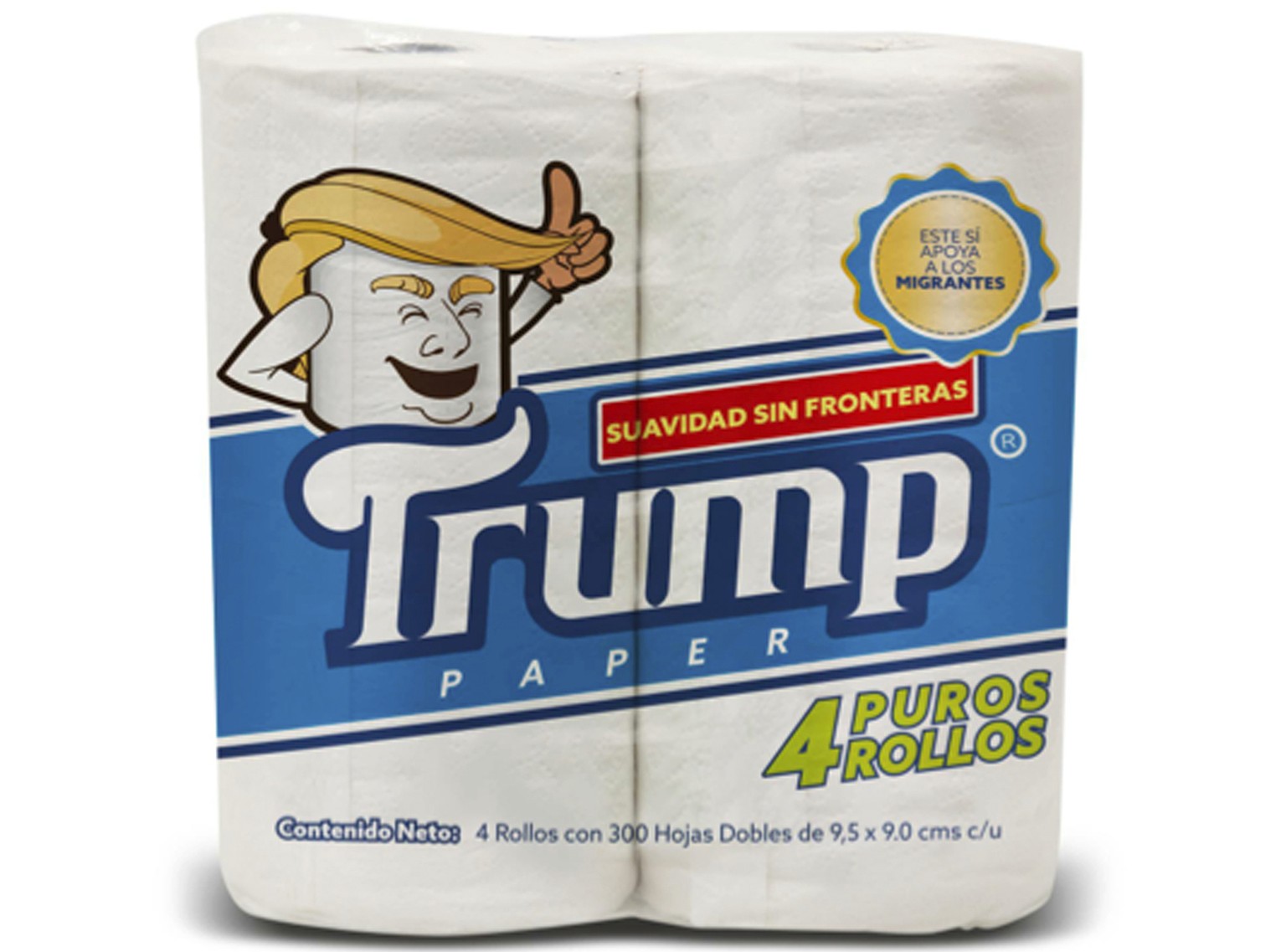 This illustration released by Antonio Battaglia shows toilet paper wrapped in mock-up packaging, featuring a cartoon image in the likeness of President Donald Trump, with the Spanish phrases &quot;Sof ...