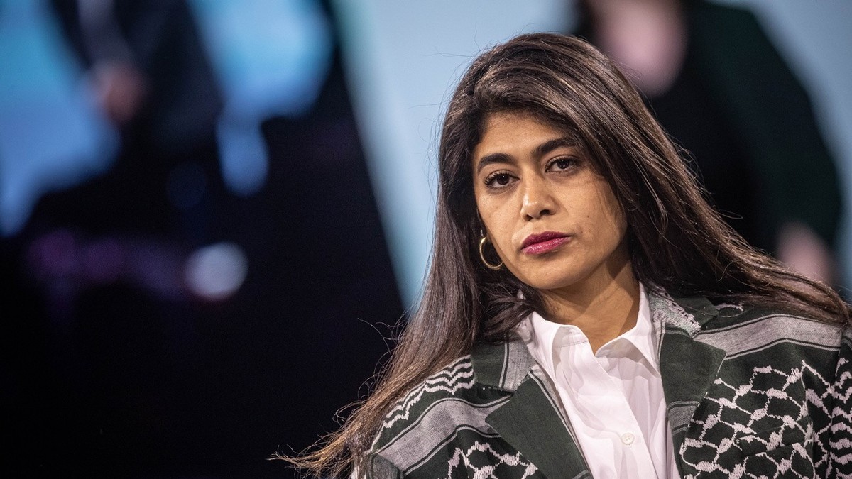 epa11224374 French-Palestinian activist and candidate for left-wing La France Insoumise (LFI) party for European parliamentary election Rima Hassan attends the party European election campaign's  ...
