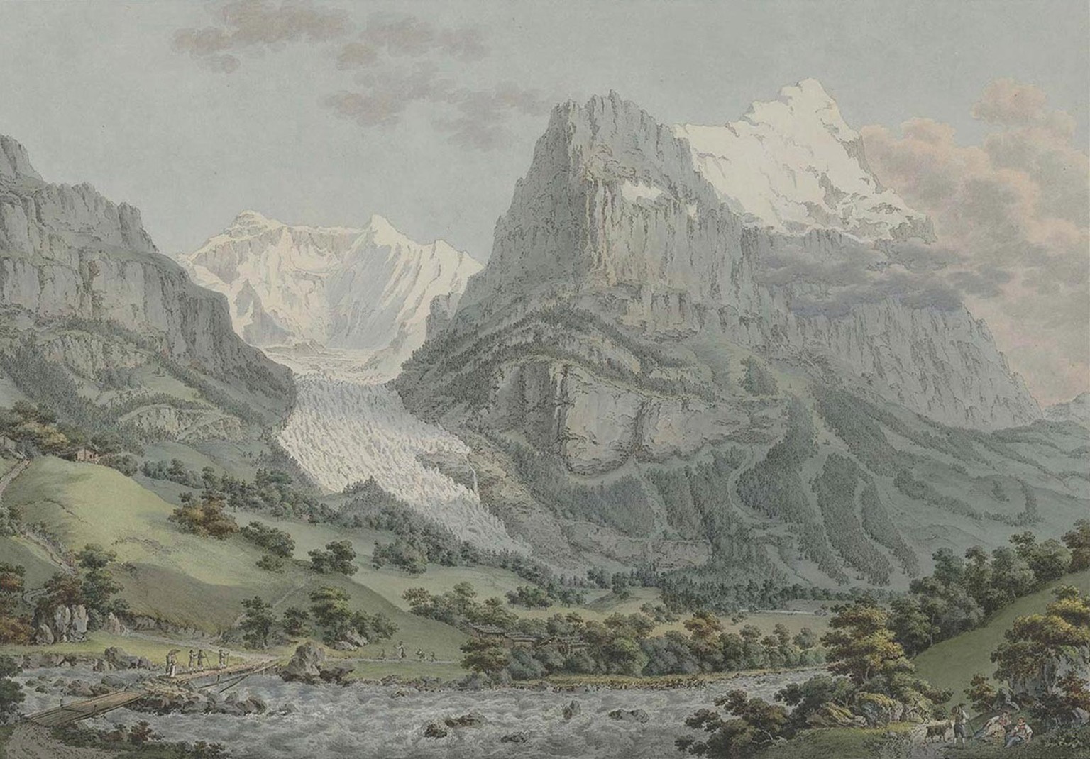 Unterer Grindelwaldgletscher und der Berg Eiger, Radierung von Gabriel Lory, um 1788.
https://doi.org/10.16903/ethz-grs-D_033985