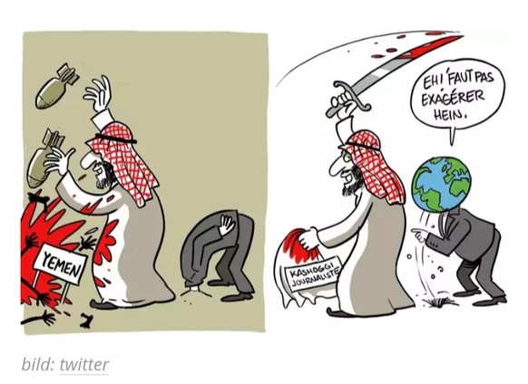 So böse und treffend analysieren Cartoonisten die Ermordung Khashoggis
Ich finde vor allem diesen Cartoon sehr treffend.

Laut UNO - Experten hat Saudi Arabien im Yemen u. a. auch Einkaufsläden, Spi ...