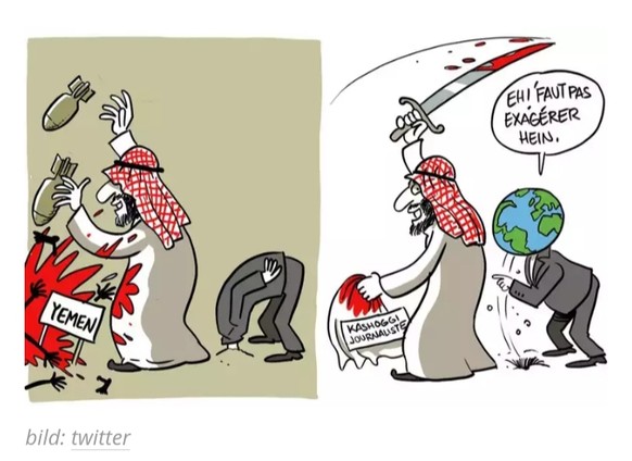 So bÃ¶se und treffend analysieren Cartoonisten die Ermordung Khashoggis
Ich finde vor allem diesen Cartoon sehr treffend.

Laut UNO - Experten hat Saudi Arabien im Yemen u. a. auch EinkaufslÃ¤den, S ...