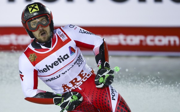 Austria&#039;s Marcel Hirscher gets to the finish area after completing the men&#039;s giant slalom, at the alpine ski World Championships in Are, Sweden, Friday, Feb. 15, 2019. (AP Photo/Marco Trovat ...